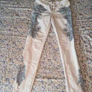 Just Cavaill Designer White Jeans with Blue Leaf Embroidery